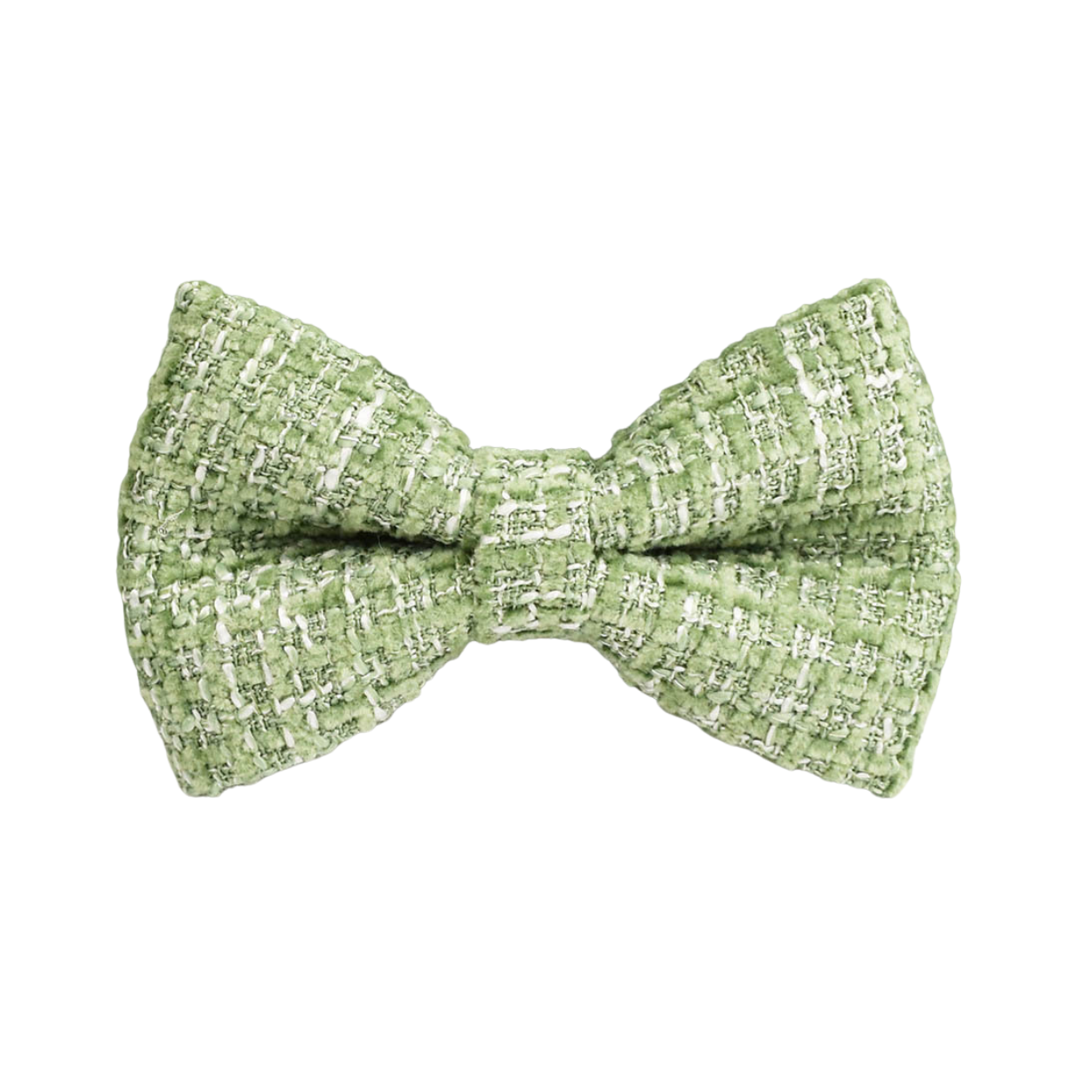 Close-up of a Bling Fuzzie sage green tweed detachable dog bow tie, showing the classic woven texture with white thread details on a white background