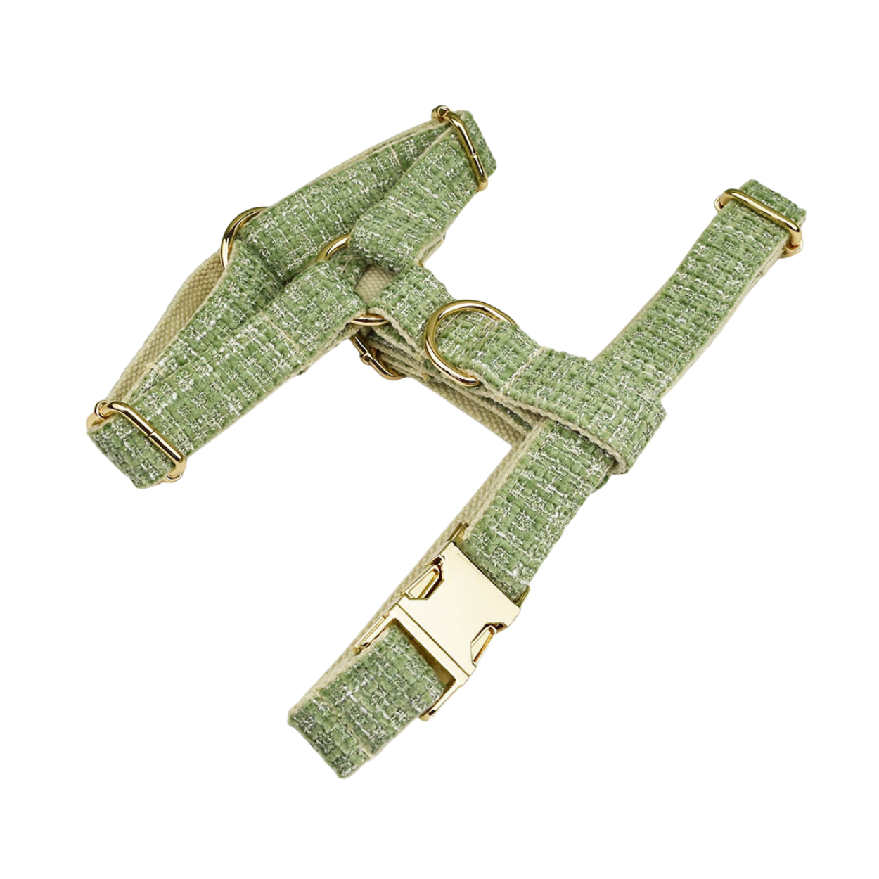 Classic sage green tweed dog harness adjustable straps with gold hardware detail shot