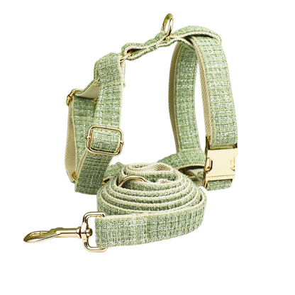 Classic sage green tweed dog harness and leash set with gold hardware main product shot
