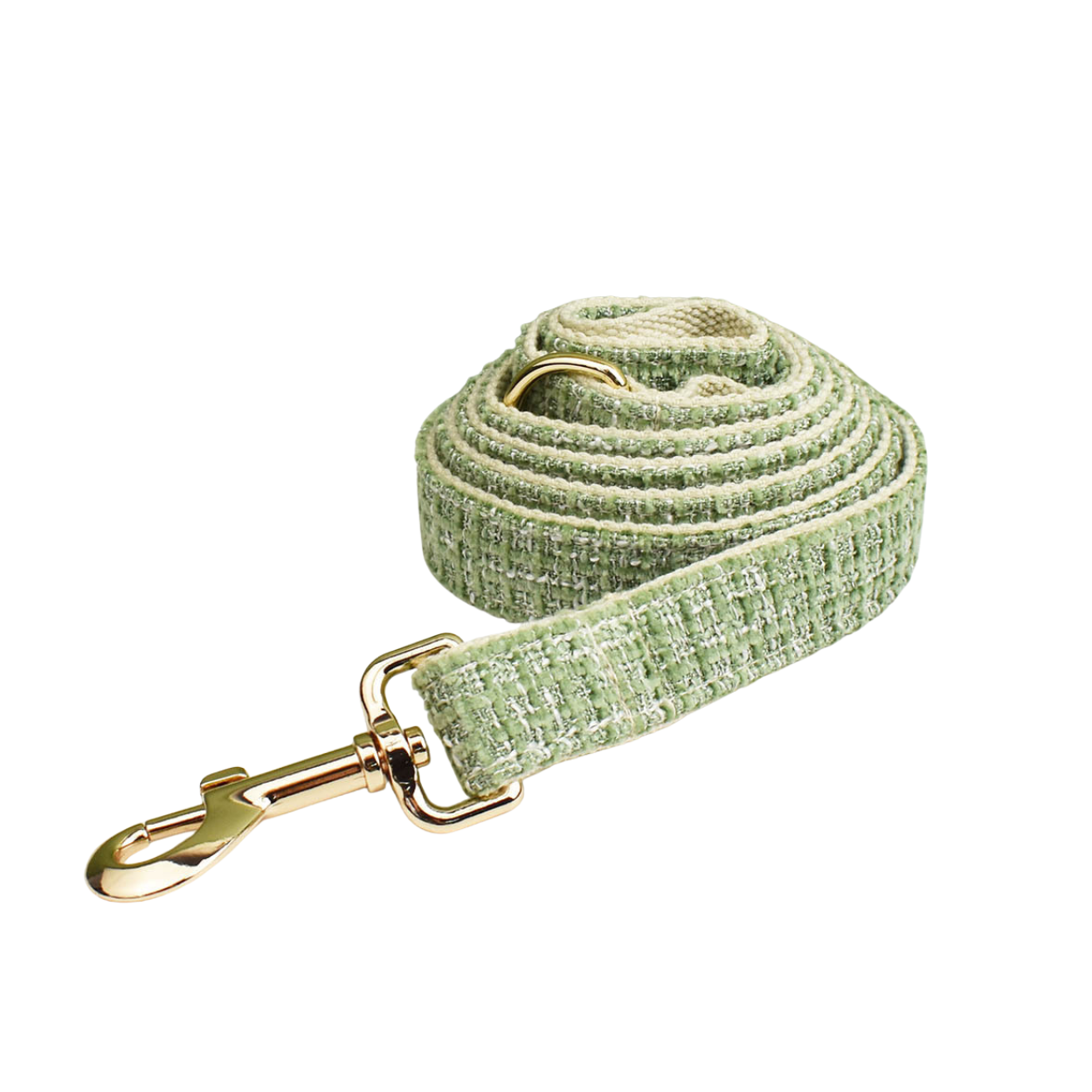 Classic sage green tweed dog leash with gold hardware clasp detail shot