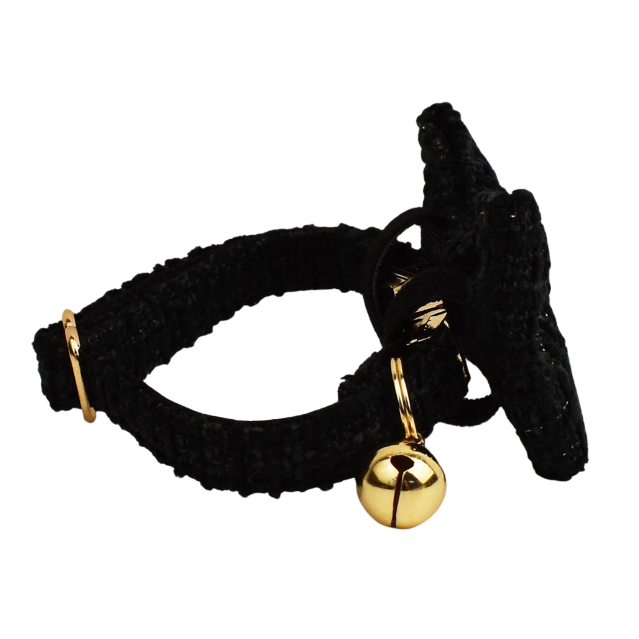 Classic black tweed cat collar with bow tie side view showing gold bell product shot white background

