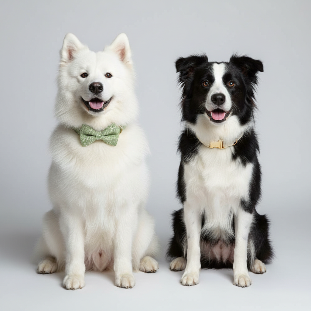 Samoyed and Border Collie wearing classic tweed collar collection sage green and cream on grey background
