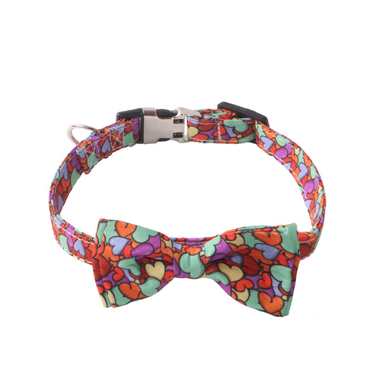 Colorful hearts print dog collar with removable bow tie and metal safety buckle on white background - adjustable pet collar
