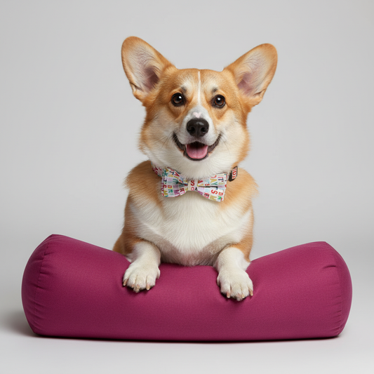 Corgi dog wearing rainbow birthday letter print collar relaxing on magenta velvet pet bed - comfortable adjustable pet birthday gift