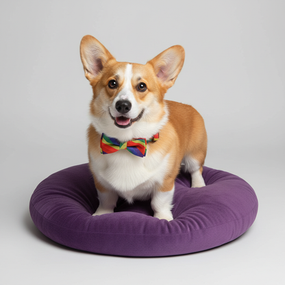 Corgi wearing rainbow stripe birthday dog collar on purple pet bed pride dog collar