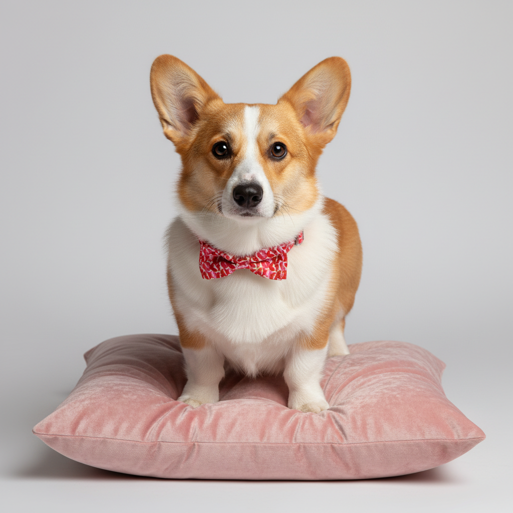 Corgi dog wearing red and pink lip print collar relaxing on pink pet bed - fashionable adjustable dog collar