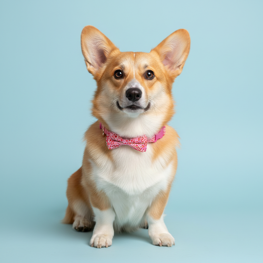 Tri-color corgi wearing pink coral heart leopard dog collar with bow tie against blue background - fashionable pet collar