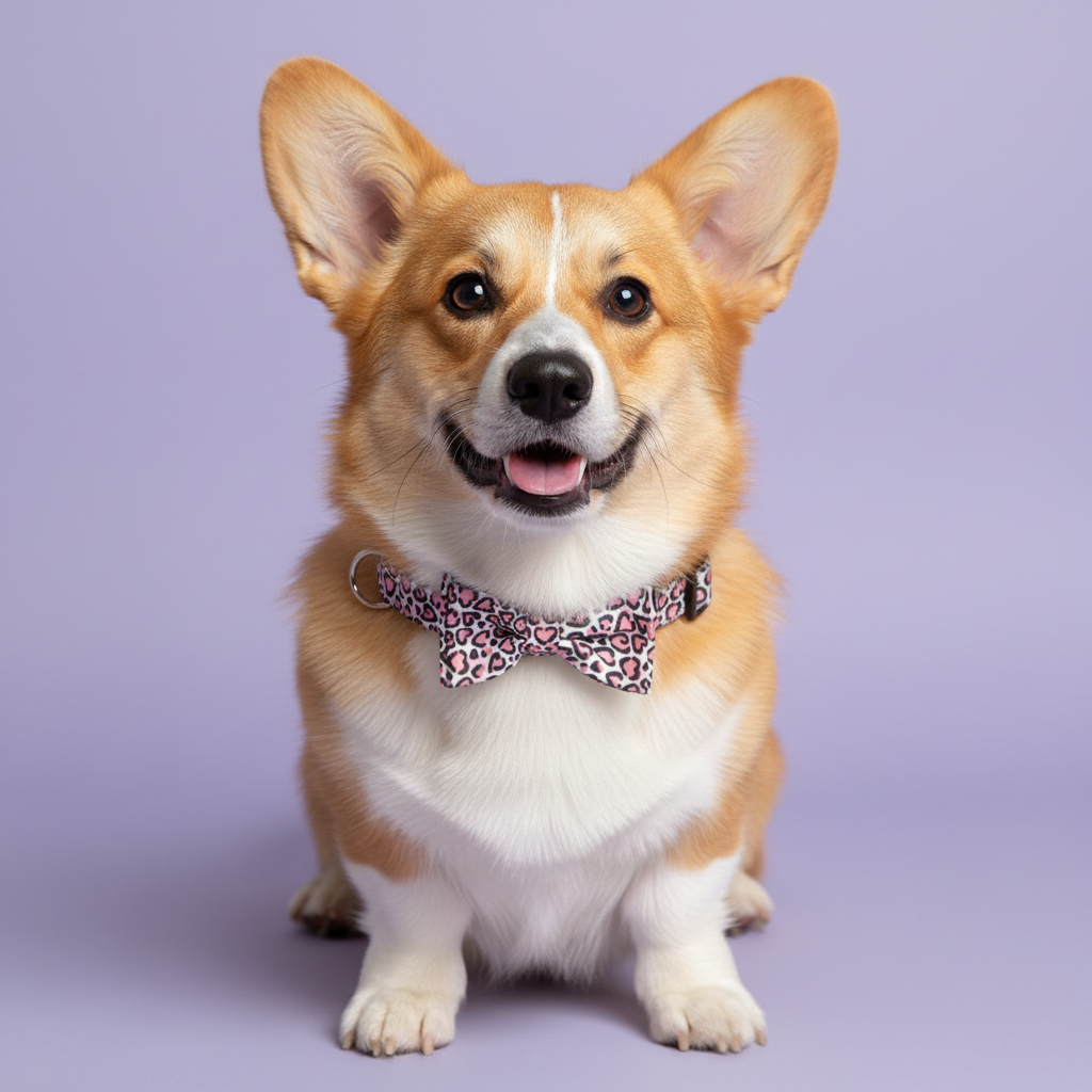 Tri-color corgi wearing pink leopard heart print dog collar with removable bow tie against lavender purple background - trendy pet collar