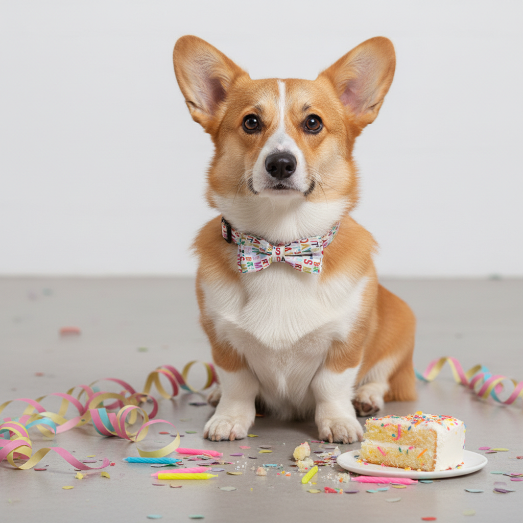 Happy corgi wearing colorful rainbow birthday letter print dog collar with party hat, birthday cake and confetti - festive pet birthday celebration accessory
