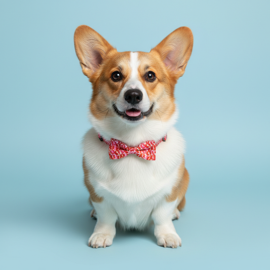 Tri-color corgi wearing red and pink lip print dog collar with bow tie against blue background - playful pet accessory