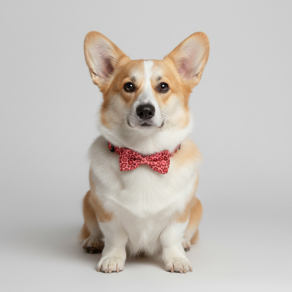 Corgi wearing ruby red leopard heart print dog collar with removable bow tie against neutral background - fashionable pet collar
