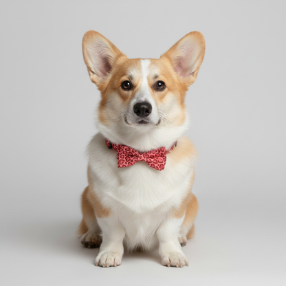 Corgi wearing ruby red leopard heart print dog collar with removable bow tie against neutral background - fashionable pet collar