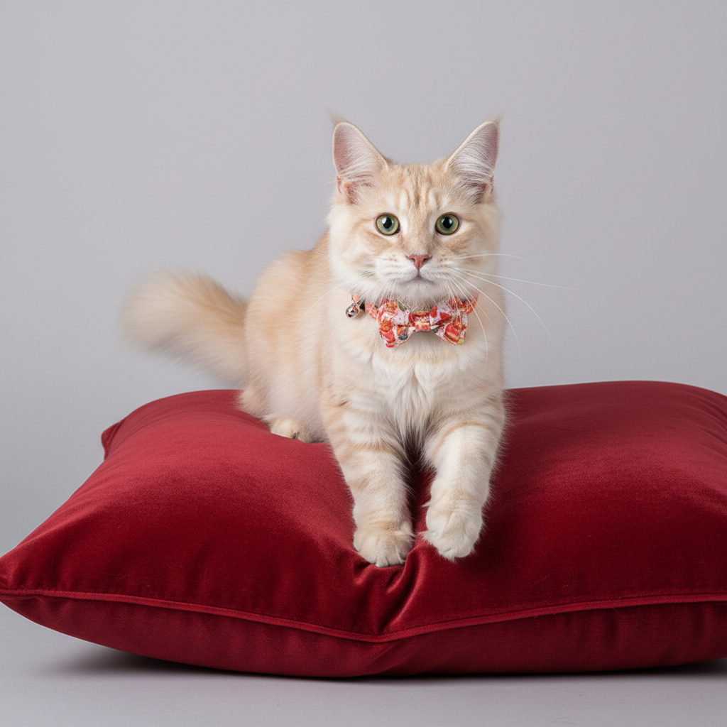  Cream cat wearing orange birthday collar relaxing on burgundy velvet pillow