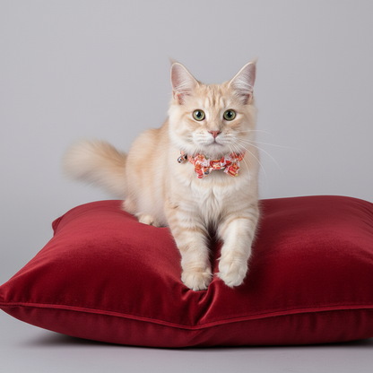  Cream cat wearing orange birthday collar relaxing on burgundy velvet pillow