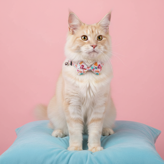 Cream cat wearing white birthday collar relaxing on blue pillow pet birthday accessory