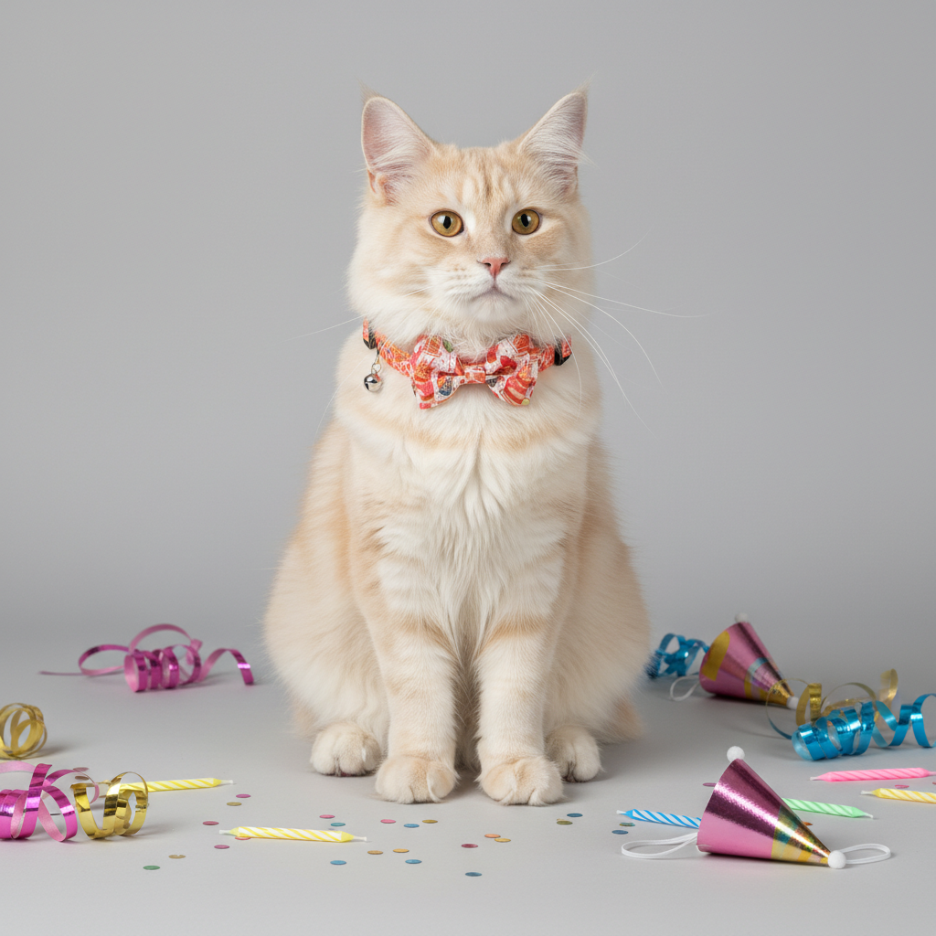 Cream cat wearing orange birthday party collar with party hats confetti and streamers