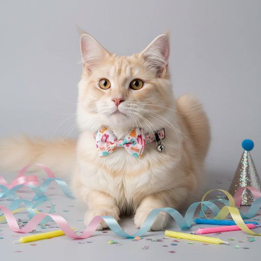 Cream cat wearing white birthday party collar with cakes gifts confetti and party accessories