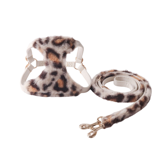 Snow leopard print faux rabbit fur cat harness and leash set product shot white background