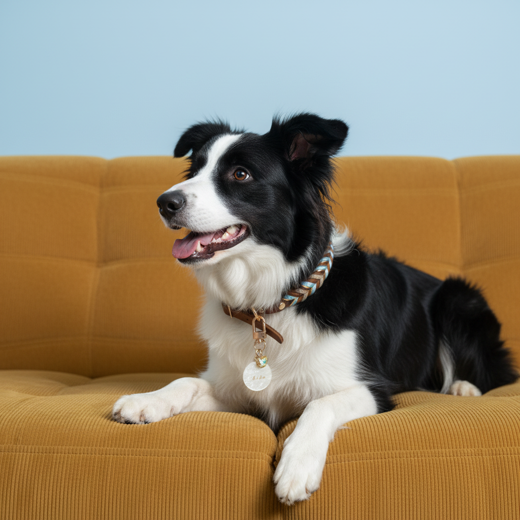 Black and white Border Collie lying on a mustard corduroy sofa wearing a Bling Fuzzie Custom Acetate Pet ID Tag with gold foil lettering and crystal clover charm on a braided leather collar, light blue background
