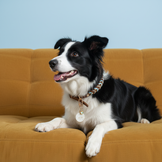 Black and white Border Collie lying on a mustard corduroy sofa wearing a Bling Fuzzie Custom Acetate Pet ID Tag with gold foil lettering and crystal clover charm on a braided leather collar, light blue background