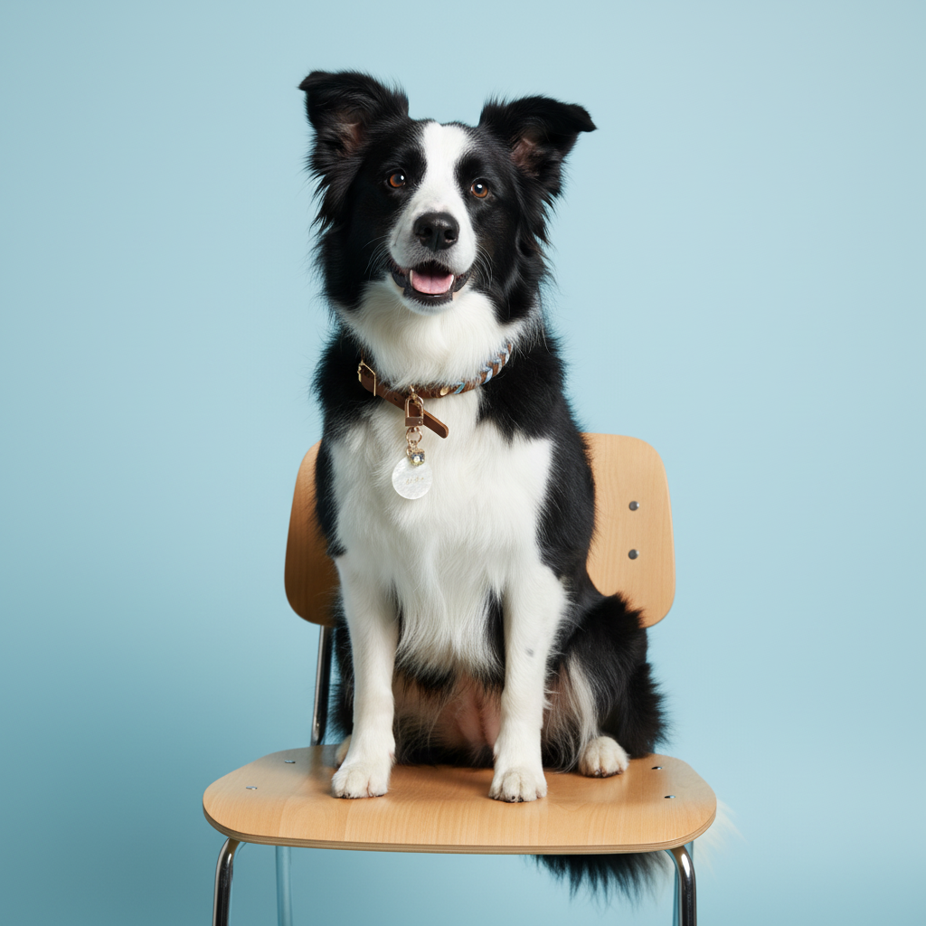 Black and white Border Collie sitting on a wooden chair wearing a Bling Fuzzie Custom Acetate Pet ID Tag with gold foil engraving and crystal clover charm, against a light blue background