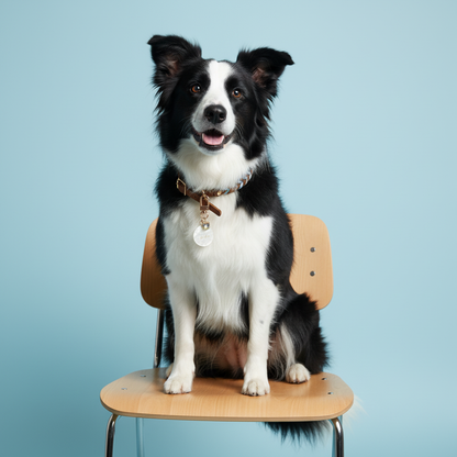 Black and white Border Collie sitting on a wooden chair wearing a Bling Fuzzie Custom Acetate Pet ID Tag with gold foil engraving and crystal clover charm, against a light blue background