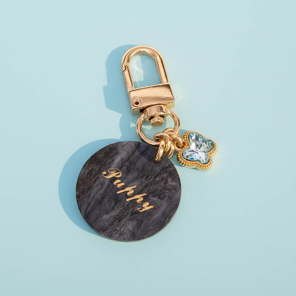  Custom acetate pet ID tag round shape black with blue crystal clover charm and gold foil lettering on light blue background product shot