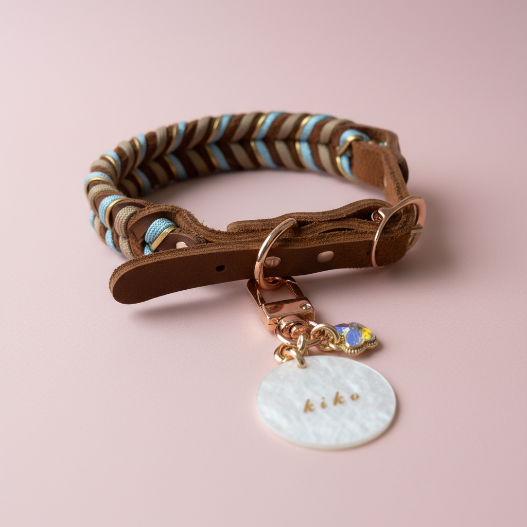 White custom acetate pet ID tag attached to braided dog collar on pink background