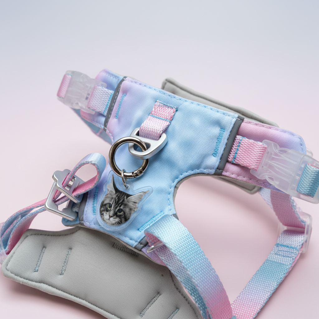 Custom acrylic pet ID tag attached to harness with pastel pink and blue gradient
