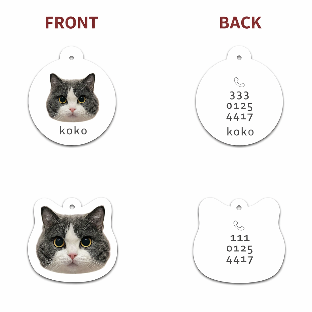 Custom acrylic pet ID tag front and back design showing contact info engraving
