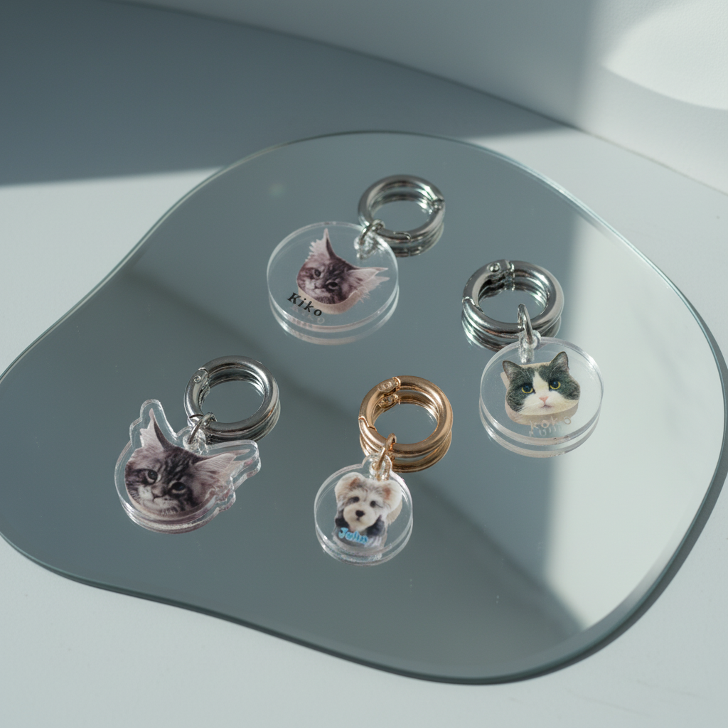 Four Bling Fuzzie Custom Acrylic Pet ID Tags with photo engraving displayed on a mirror tray — including round and cat-shaped styles with silver and gold rings, featuring custom cat and dog portraits, in natural window light