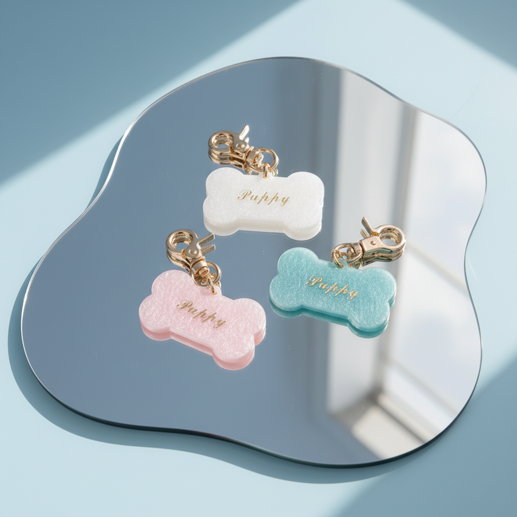 Three Bling Fuzzie Custom Dog Bone Pet ID Tags with gold foil engraving in white, pink, and teal glitter acetate, displayed on a mirror tray against a light blue background with natural shadow detail
