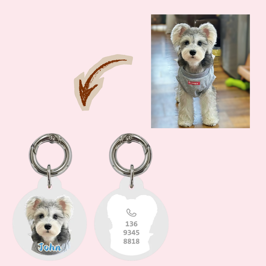 Custom photo to physical round acrylic dog ID tag with name and phone number engraving