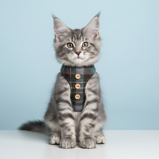 Maine Coon kitten wearing dark green brown vintage plaid cat harness on light blue background