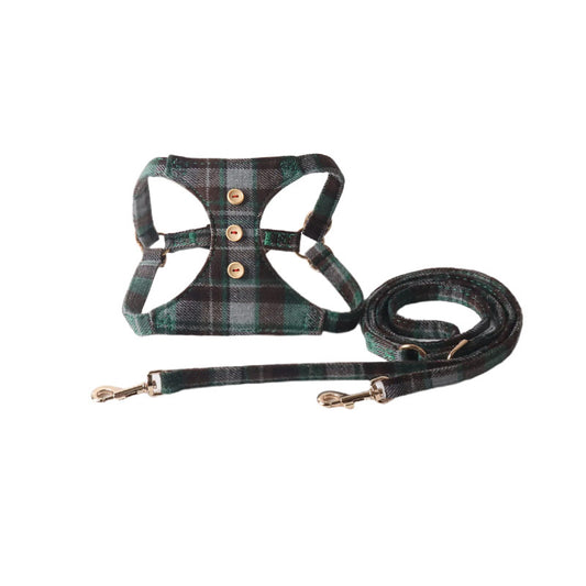 Dark green brown vintage plaid cat harness and leash set product shot white background
