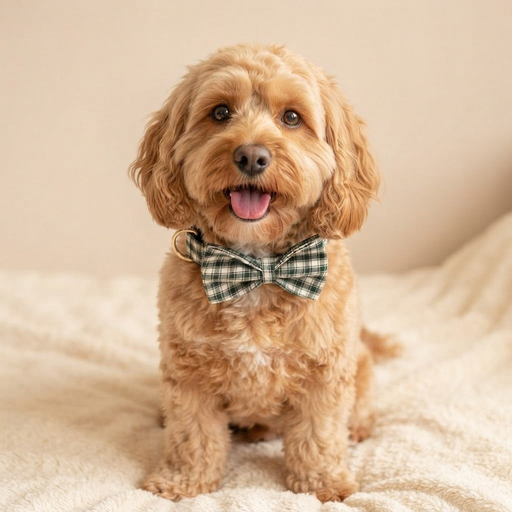 Happy fluffy tan dog wearing a forest green plaid bow tie collar while sitting on a cream blanket