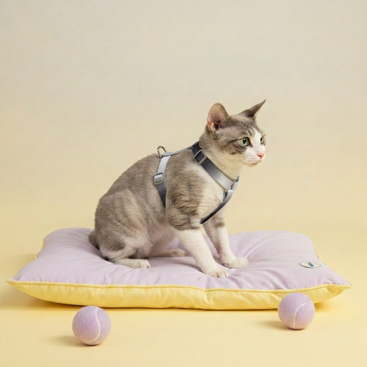 Grey and white cat wearing a Bling Fuzzie grey black escape-proof cat H-style harness, sitting on a lavender yellow cushion with purple tennis balls on a cream background