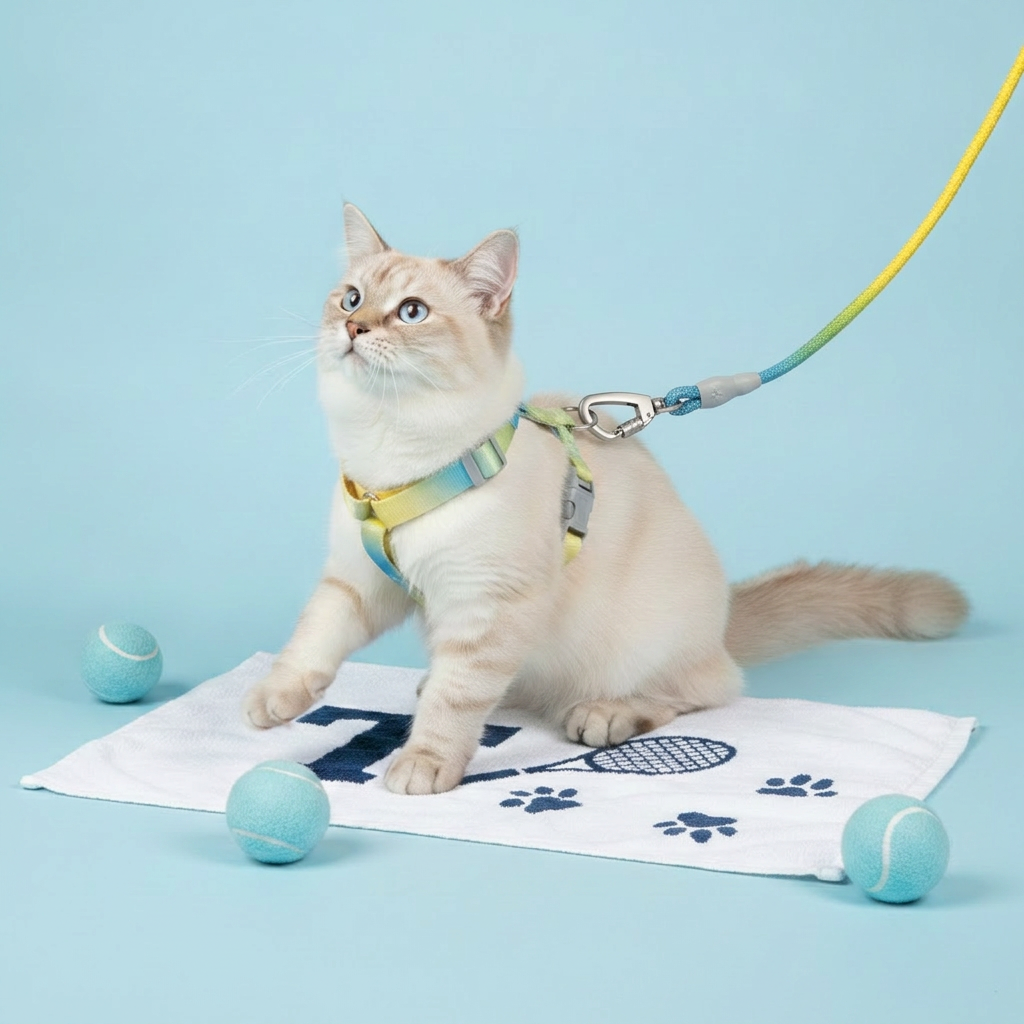 Ragdoll cat wearing a Bling Fuzzie blue yellow ombre escape-proof cat harness with matching braided leash, sitting on a sports towel with paw print design surrounded by teal tennis balls against a light blue background