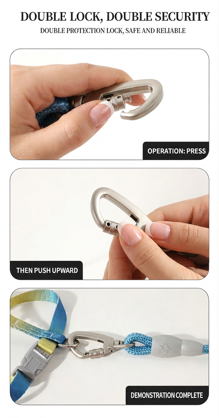 Three-step demonstration of the Bling Fuzzie escape-proof cat harness dual-lock zinc alloy clasp — press, push upward, and secure — showing the double protection safety mechanism for cat and small dog harness leash set