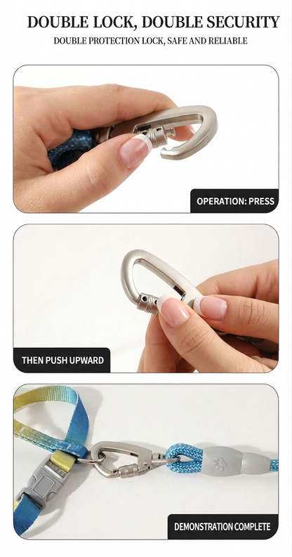 Three-step demonstration of the Bling Fuzzie escape-proof cat harness dual-lock zinc alloy clasp — press, push upward, and secure — showing the double protection safety mechanism for cat and small dog harness leash set