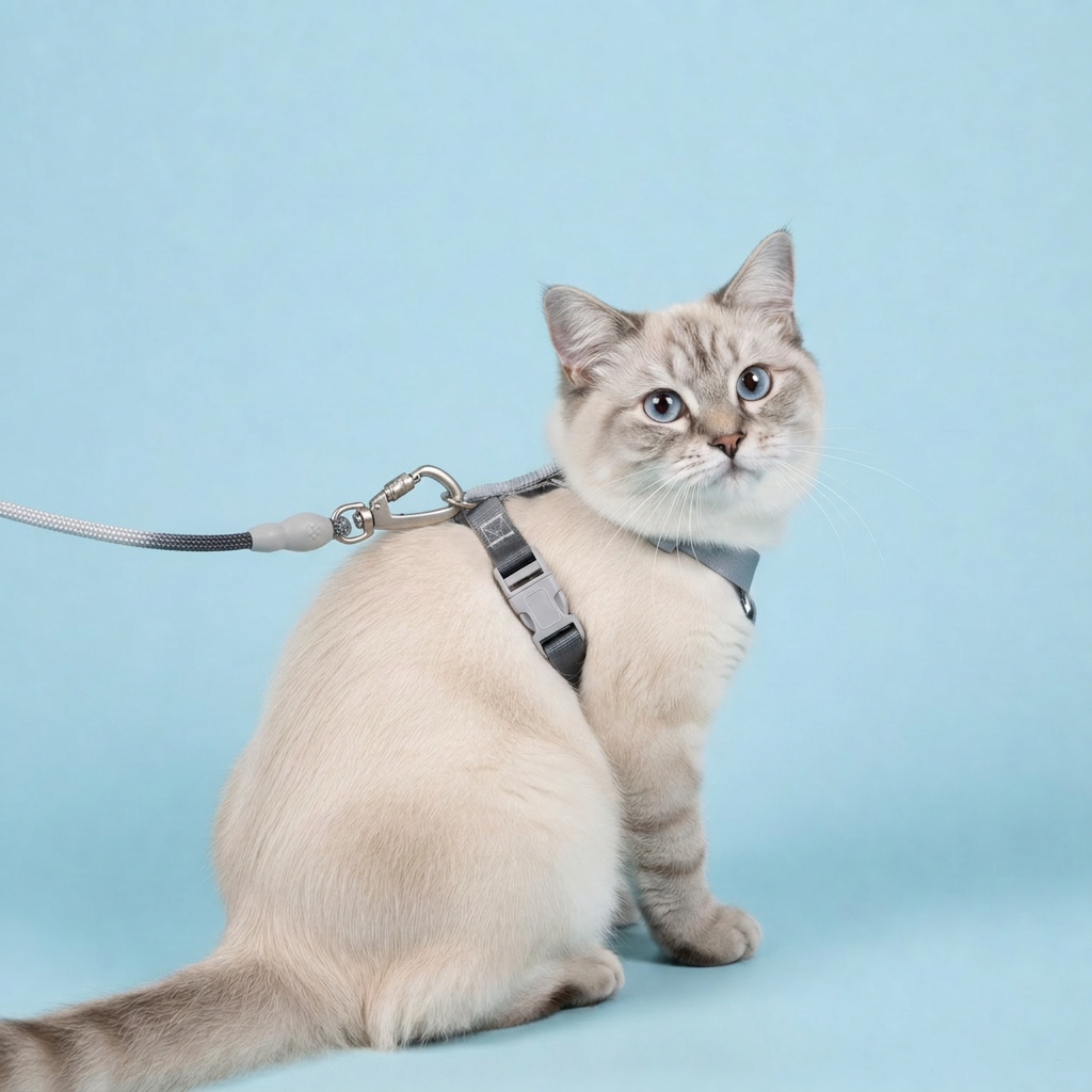 Lynx point cat with blue eyes looking back over its shoulder while wearing a Bling Fuzzie grey black gradient escape-proof cat harness and matching braided leash against a solid light blue background
