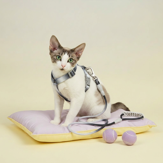 Grey and white cat wearing a Bling Fuzzie grey black escape-proof cat H-style harness with matching braided leash and dual-lock clasp, sitting on a lavender yellow cushion with purple tennis balls on a cream background