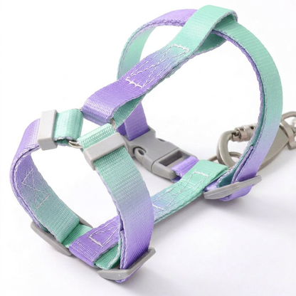 Close-up of a Bling Fuzzie purple green escape-proof H-style step-in cat harness, showing the adjustable straps, dual-lock buckle, and zinc alloy clasp on a white background