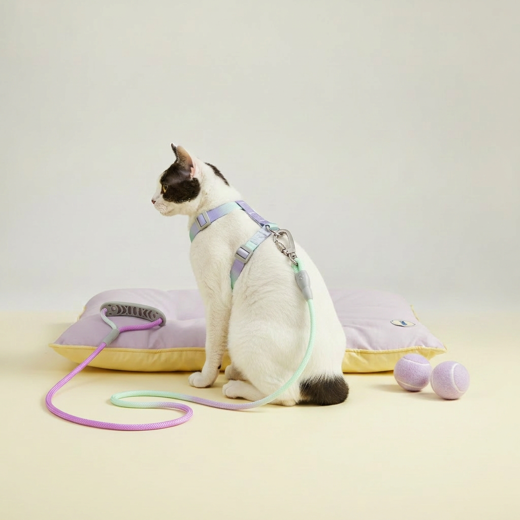 Black and white cat wearing a Bling Fuzzie purple green ombre escape-proof cat H-style harness with matching braided leash, sitting in front of a lavender yellow cushion with purple tennis balls on a cream background