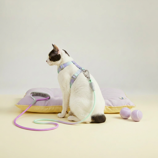 Black and white cat wearing a Bling Fuzzie purple green ombre escape-proof cat H-style harness with matching braided leash, sitting in front of a lavender yellow cushion with purple tennis balls on a cream background