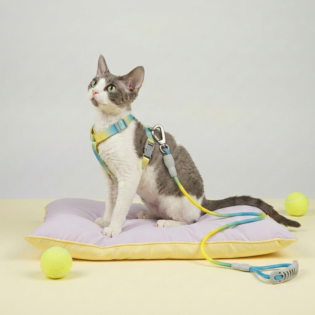 Grey and white cat wearing a Bling Fuzzie yellow blue ombre escape-proof cat H-style harness with matching braided leash and dual-lock clasp, sitting on a lavender yellow cushion with yellow tennis balls nearby