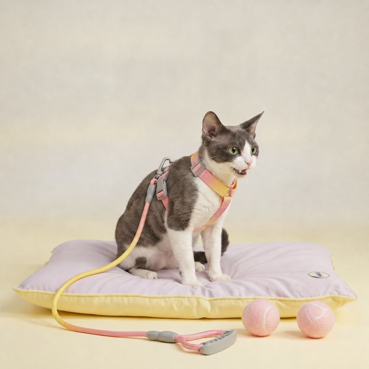 Grey and white cat wearing a Bling Fuzzie yellow pink ombre escape-proof cat harness with matching braided leash, sitting on a lavender yellow cushion surrounded by pink tennis balls
