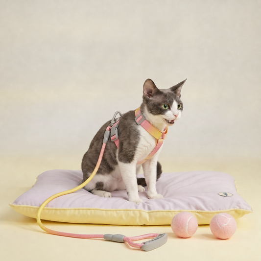 Grey and white cat wearing a Bling Fuzzie yellow pink ombre escape-proof cat harness with matching braided leash, sitting on a lavender yellow cushion surrounded by pink tennis balls