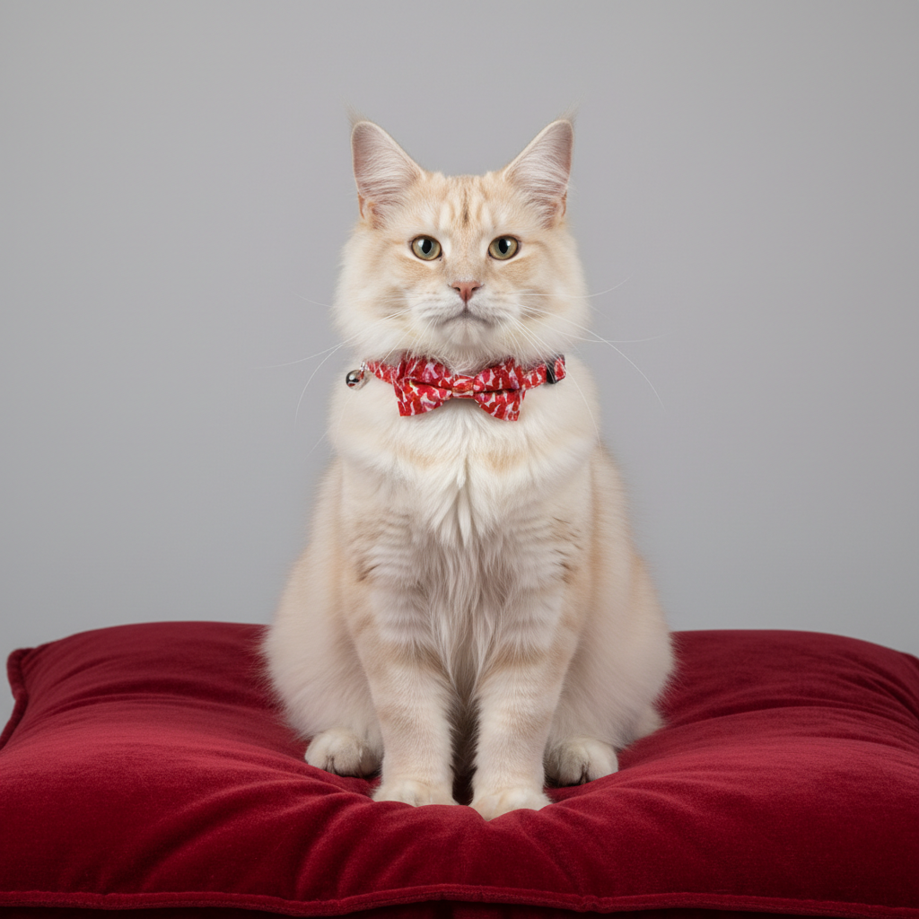 Fancy cat wearing stylish lip print collar relaxing on red velvet pillow