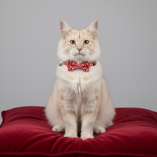 Fancy cat wearing stylish lip print collar relaxing on red velvet pillow